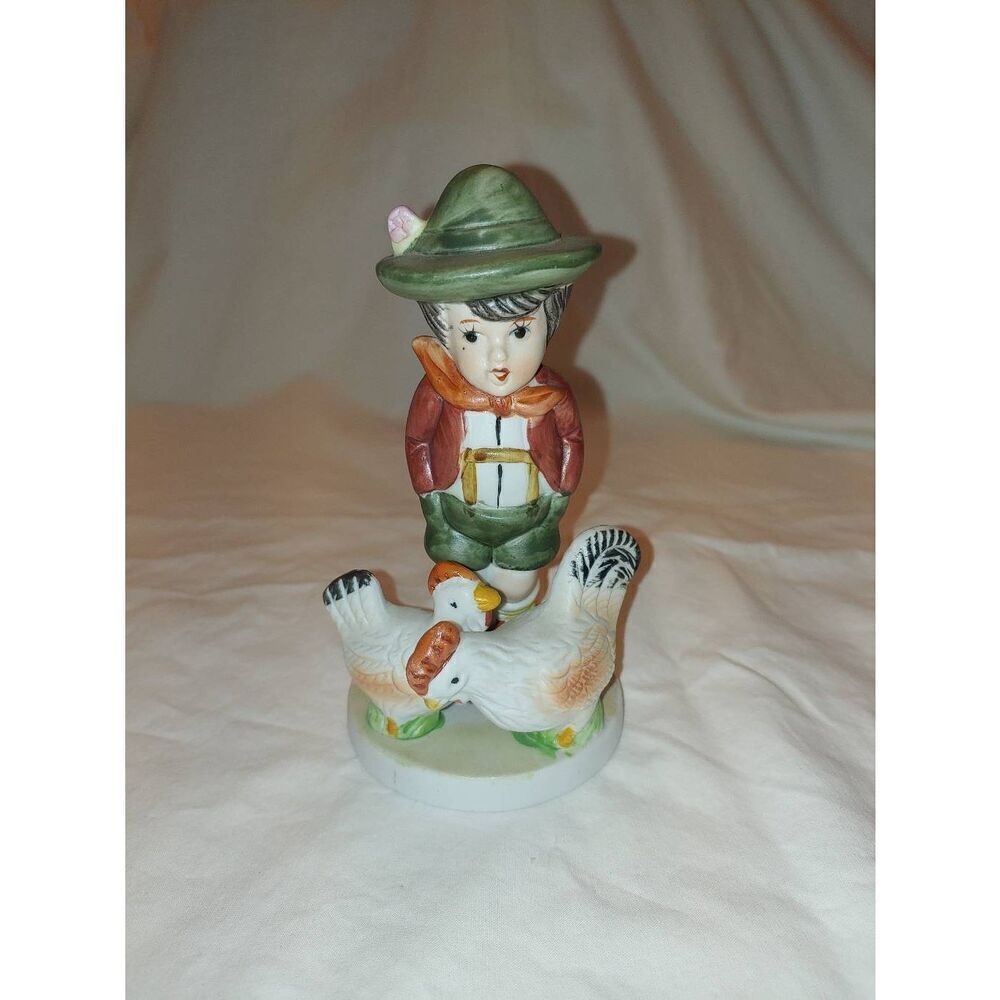 Vintage Porcelain Young Boy With Chickens Figurine